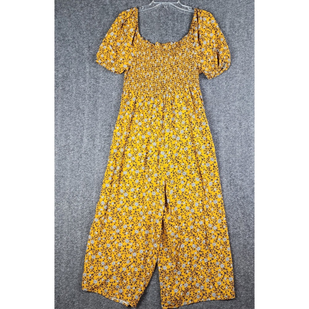 Magnolia Skye Jumpsuit Women Large Yellow‎ Floral Smocked Puff Sleeve Wide Leg